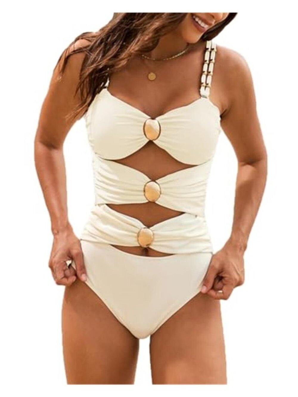 Women's One Piece Swimsuit Sexy Light beige Color Bathing Suit Golden O Ring